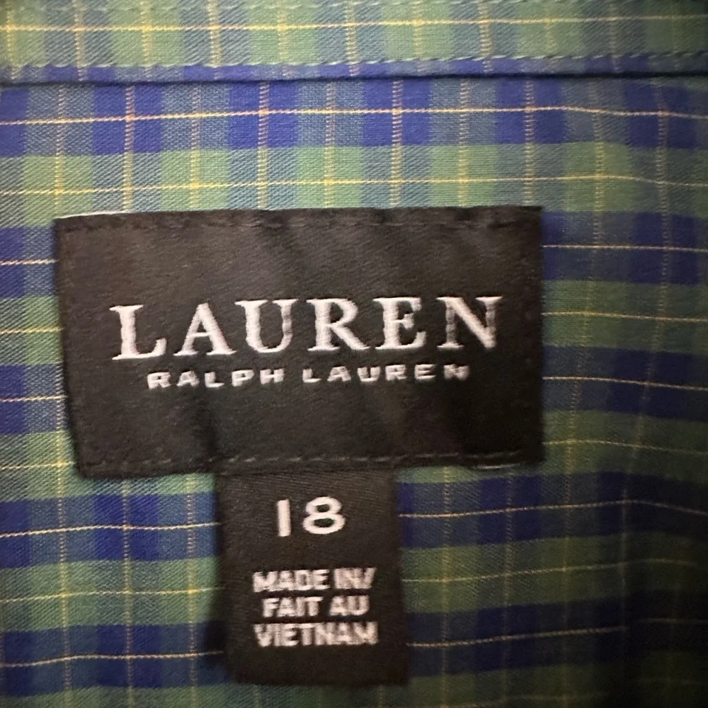 Ralph‎ Lauren Black Label Youth Size 18 Cotton Blue Green Plaid Dress Shirt
